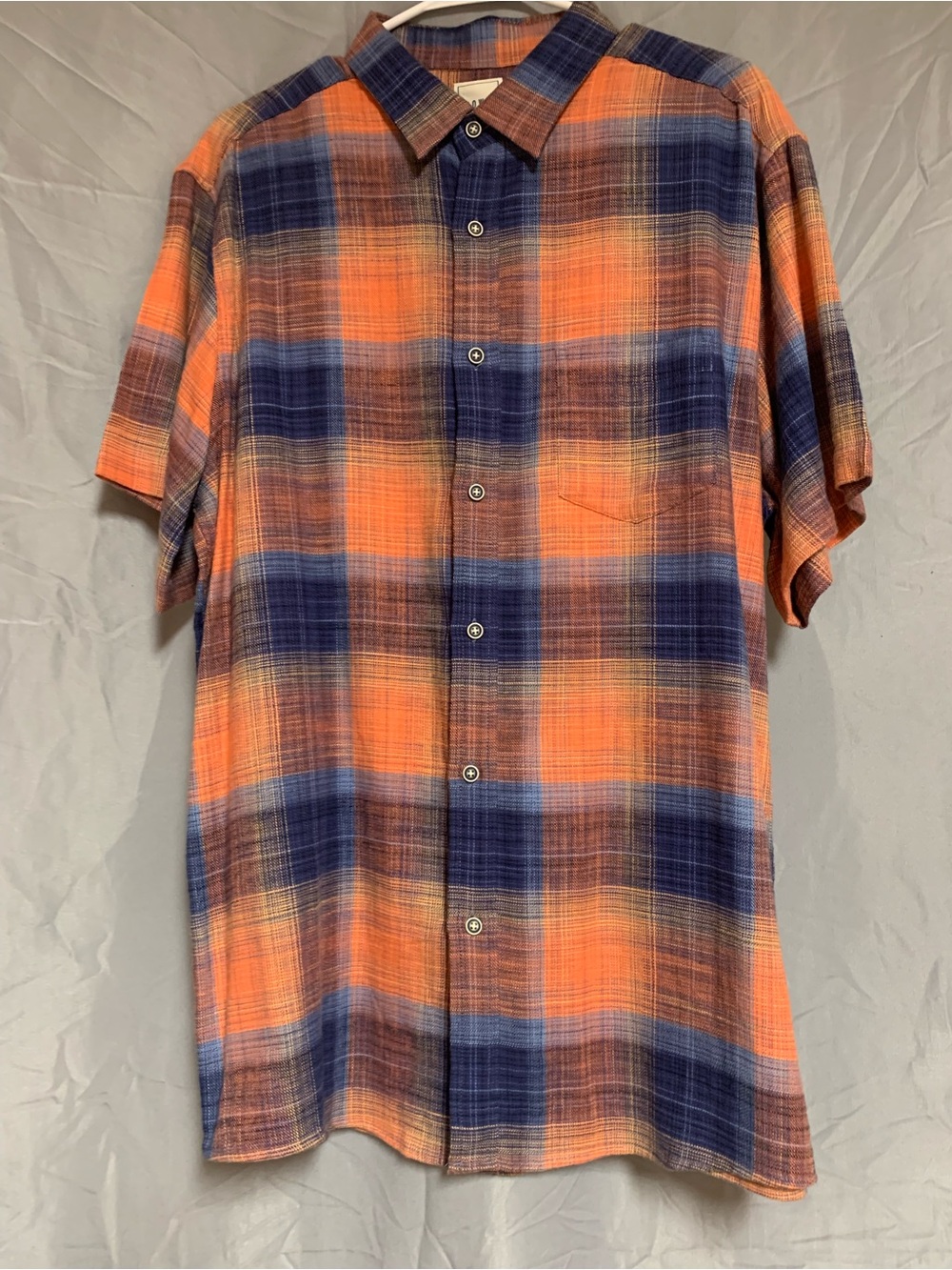 Men's Short-Sleeve Button-Down Shirt in Orange & Blue Plaid 100% Cotton